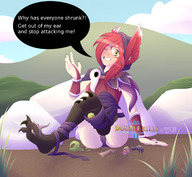drawing panties color long_hair barefoot yellow_eyes camel_toe fox_ears red_hair bondage ears mountains clouds outdoors sky nail_polish semi_nude purple_panties xayah nauartn bare_paws chika