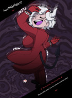 drawing growth giantess white_hair crush tail color clothed smiling gloves short_hair closed_eyes earrings dialogue smug frosty_roy helltaker red_gloves knarfdarf beelzebub_(helltaker)