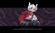 breasts drawing growth nipples giantess white_hair crush color large_breasts destruction clothed cleavage red_eyes huge_breasts castle short_hair looking_at_viewer dialogue between_breasts frosty_roy helltaker knarfdarf beelzebub_(helltaker)