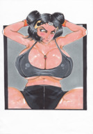 breasts drawing black_hair color large_breasts cleavage huge_breasts angry sweat short_hair unknown_artist shorts looking_down orange_eyes bracelet source_needed no_background looking_at_tiny cleavage_window bare_legs bare_midriff between_breasts