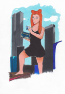 drawing giantess city mega color long_hair blue_eyes clothed barefoot cleavage buildings smiling red_hair unknown_artist hand bus looking_down clouds outdoors sky freckles source_needed handled looking_at_tiny bare_legs