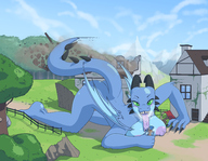 breasts drawing nipples furry blushing dragoness horns tail wings color large_breasts tongue butt destruction licking barefoot cleavage saliva green_eyes huge_breasts topless lying_down mountains clouds outdoors sky trees looking_at_viewer bare_butt scalie implied_vore bare_back bare_legs bare_midriff frosty_roy bare_thighs knarfdarf characterocxrillia