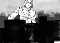 drawing giantess city monochrome clothed buildings glasses short_hair looking_up outdoors grayscale rederic7