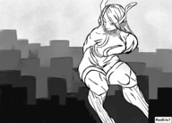 drawing giantess city mega monochrome long_hair buildings smiling outdoors looking_at_viewer smirking grayscale