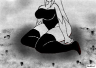 drawing giantess giga city monochrome long_hair buildings sitting outdoors sitting_on_floor grayscale bare_thighs