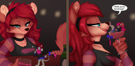 drawing gentle micro furry size_difference color long_hair blue_eyes clothed cleavage playful mouse smiling pink_hair red_hair drink drunk looking_down indoors cherry choker top alcohol dialogue hairband in_glass looking_at_tiny scarlet sorrel lirakitsune f/f bare_thighs pine_marten macri muhnykins