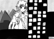 drawing giantess city mega monochrome long_hair buildings mountains outdoors grayscale