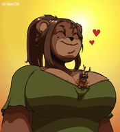 breasts drawing gentle furry macro size_difference color large_breasts long_hair clothed cleavage huge_breasts brunette bear smiling shrunken ponytail love antlers closed_eyes deer no_background between_breasts microtail_blazer