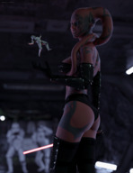 lekku twilek breasts giantess horns alien color large_breasts butt armor cleavage bra skirt yellow_eyes gloves boots star_wars tentacles shrunken_person black_gloves tattoo semi_nude red_skin lightsaber pointed_ears digital_render sith caddyisraddy talon bare_midriff stormtroopers darth_talon the_force