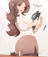 drawing micro color large_breasts long_hair butt clothed skirt brunette low_angle brown_eyes story office nylons pen standing shrunken_person indoors desk earrings bracelet dialogue winking sound_effects office_chair office_workers ncmares yohomeboync yohomeboyraps human panty_outline