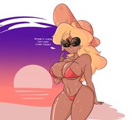 bikini breasts drawing blonde color large_breasts long_hair cleavage huge_breasts sunglasses outdoors hat sunset dialogue semi_nude tan_lines no_background bare_legs bare_midriff slugmanoctavio3 bare_thighs