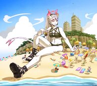 bikini drawing giantess crush horns tail blonde color long_hair butt beach cleavage ocean butt_crush demon sun sitting sandals piercings demoness drink looking_down sand clouds outdoors sky summer semi_nude hairband sitting_on_floor pale_skin bare_legs pentagram bare_midriff looking_at_tinies bare_thighs multiple_eyes hg_robo krowzi toxi