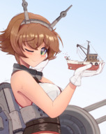 drawing gentle giantess blushing color large_breasts clothed handheld green_eyes brunette smiling gloves short_hair heart boats flowers ships looking_at_viewer bouquet hairband looking_away winking white_gloves no_background kantai_collection mutsu looking_at_tinies ncmares yohomeboync yohomeboyraps raps admired