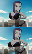 bikini breasts drawing giantess crush panties city mega comic color large_breasts butt destruction cleavage bra buildings purple_hair breast_crush purple_eyes raven teen_titans short_hair cartoon looking_down standing clouds thighs outdoors sky closed_eyes semi_nude panels squeezing leaning_forward sigh dc_comics bare_legs grey_skin cupping_breasts ravenravenraven looking_at_tinies pale bare_thighs breast_lift