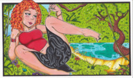 drawing giantess feet color clothed toes barefoot skirt green_eyes sweat red_hair dress short_hair unknown_artist hand grass river between_toes fingers outdoors freckles nail_polish trees wavy_hair bracelet source_needed handled looking_at_tiny footheld bare_legs bare_midriff the_wild_thornberrys