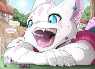 drawing giantess micro furry macro tail cat size_difference mega color tongue blue_eyes clothed mouth teeth playful smiling lying_down mawshot fangs looking_down grass soccer cat_girl clouds sky s2-freak rings earrings dialogue looking_at_tiny berries open_maw fun tayl myu