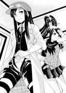 drawing panties blushing monochrome skirt glasses smiling gloves hand shrunken_man fingers dressing indoors hat looking_at_viewer ace_attorney handled bare_legs miles_edgeworth ema_skye kay_faraday grayscale shivharu ramusesu5sei