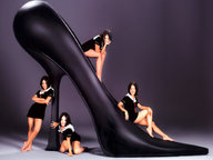collage black_hair barefoot skirt high_heels uniform shrunken_woman