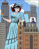 breasts drawing gentle giantess city mega color large_breasts blue_eyes clothed buildings brunette smiling dress short_hair crown looking_down cosplay avengers costume new_york_city statue_of_liberty shield torch captain_america looking_at_tiny janet_van_dyne marvel_comics nightcore100 the_wasp avengers_earths_mightiest_heroes avengers_mansion