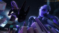 breasts giantess crush feet city mega alien color armor blue_eyes rampage buildings foot_crush blue_skin tali looking_down giantesses mask clouds outdoors sky under_foot stars hands_on_hips hood digital_render mass_effect talizorah liara liara_tsoni asari quarian source_size_shenanigans knarfdarf