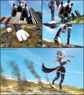 giantess white_hair crush giga tail city color long_hair destruction clothed barefoot red_eyes low_angle foot_crush phone shorts clouds outdoors sky under_foot point_of_view dialogue digital_render paw_crush bare_legs loona bulidings bare_paws source_size_shenanigans helluva_boss knarfdarf under_paw