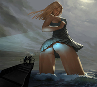 drawing giantess panties upskirt blonde color long_hair butt clothed water ocean low_angle dress storm looking_down boats clouds outdoors sky looking_back ships black_panties in_water rear_view looking_at_tiny bare_legs harpoon bare_thighs rear_angle stahlber angler