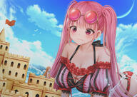drawing giantess color large_breasts long_hair beach cleavage water ocean wet brunette castle pink_hair dress twintails pink_eyes looming minigirl shrunken_woman looking_down sunglasses sand outdoors sky semi_nude swimwear in_water fire_emblem looking_at_tiny cleavage_window sandcastle kirimatsu hanging_breasts annabelle clodus knightmare-moon