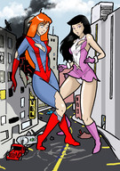 breasts drawing giantess panties city mega upskirt black_hair color long_hair butt destruction blue_eyes crossover cleavage skirt buildings gloves street red_hair boots foot_crush fighting giantesses vehicles clouds outdoors sky white_panties costume lois_lane doom_patrol giant_girl ripped_clothing vehicle_crush inspector97 dc_comics mary_jane bare_legs elasti-girl marvel_comics fusion heavy_eyeshadow