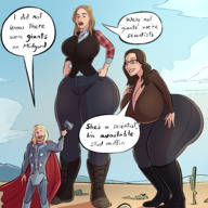 breasts drawing giantess mega blonde color butt armor clothed cleavage glasses huge_breasts desert brunette smiling mini_giantess boots looking_down sand mountains giantesses pants clouds outdoors sky shirt cape dialogue hammer bending_forward hand_on_hips thor thick_thighs looking_at_tiny cleavage_window cactus vest marvel_comics smirking caiman2 jane_foster darcy_lewis