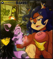 breasts drawing nipples nude furry tiger vixen aroused black_hair color long_hair tongue licking green_eyes blue_hair topless fox gloves police short_hair raccoon lesbians shrunken_man looking_down piercing indoors commission belt ear_piercing sly_cooper biting_lip orange_skin carmelita_fox pink_skin bare_midriff police_officer sly_cooper_(series) licking_breasts yellow_gloves knarfdarf blaxvel neyla