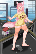 drawing giantess nude tail city color long_hair bridge barefoot cleavage buildings cat_ears yellow_eyes smiling pink_hair street cute vehicles clouds outdoors sky commission semi_nude bare_legs bare_thighs ranka_ookami murenase don_ricardo seton_academy