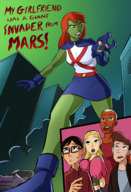 drawing giantess city mega alien blonde black_hair color destruction clothed handheld rampage skirt buildings glasses green_eyes angry brunette brown_eyes gloves red_hair cheerleader boots robin parody vehicles poster outdoors sky orange_eyes cheerleader_outfit belt green_skin looking_at_tiny dc_comics bare_legs superboy young_justice kid_flash caiman2 artemis_crock blue_gloves miss_martian aqualad martian