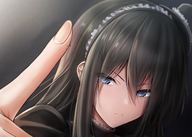 drawing giantess micro black_hair color long_hair blue_eyes clothed climbing shrunken dre headband hairband on_finger looking_at_tiny dreg_ex