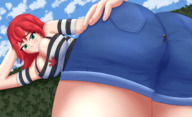 breasts drawing giantess blushing giga mega color large_breasts long_hair butt clothed cleavage green_eyes climbing smiling tree red_hair lying_down shorts sarah grass forest clouds outdoors sky looking_back trees rear_view smirking huge_butt worthlessnews leon_takayashi little_punk_(nightingale122)
