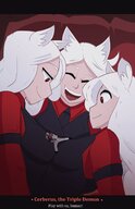 breasts drawing gentle giantess white_hair color long_hair clothed red_eyes smiling hell looking_down giantesses closed_eyes laugh dialogue looking_at_tiny on_breasts sihagen helltaker cerberus_(helltaker) knarfdarf