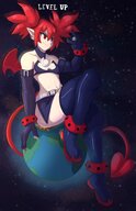 drawing growth giantess crush earth tail wings space color butt destruction planet butt_crush red_eyes smiling moon gloves disgaea etna red_hair short_hair boots sitting hand boot shoe_crush black_gloves ankle_bracelet boot_crush earrings bracelet stars semi_nude handled cosmic_giantess sitting_on_planet smirking bare_midriff sihagen looking_at_tinies heavy_eyeshadow terra knarfdarf