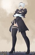 drawing giantess white_hair giga color destruction blue_eyes clothed cleavage gloves dress short_hair boots clouds outdoors sky black_gloves cleavage_window 2b nier sihagen knarfdarf engels