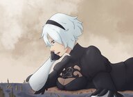 breasts drawing white_hair crush color destruction blue_eyes clothed beach cleavage water ocean breast_crush gloves lying_down short_hair clouds outdoors sky black_gloves hairband cleavage_window 2b nier sihagen knarfdarf engels