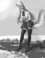 drawing giantess landscape furry macro giga tail city mega monochrome long_hair destruction clothed skirt high_heels buildings fox camera sketch looking_down river outdoors sky thigh_highs long_socks looking_at_city black_socks looking_at_tinies photography grayscale hesitate hesitat68037145