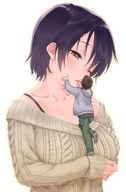 drawing gentle giantess size_difference color clothed cleavage climbing purple_hair teston brown_eyes shrunken couple love short_hair kissing hand shrunken_man sweater straight handled no_background vest
