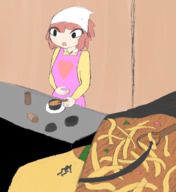 drawing vore color clothed red_hair short_hair unaware indoors cooking apron noodles bonnet gt_hive