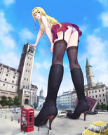 drawing giantess panties city upskirt blonde color long_hair destruction skirt high_heels buildings purple_eyes teston low_angle smiling street boots looking_down hiding vehicles leaning clouds outdoors sky point_of_view thigh_highs looking_at_viewer book headband vehicle_crush purple_panties raised_butt bare_thighs bare_arms skeb
