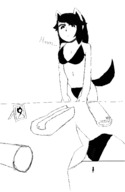 bikini drawing micro tail monochrome short_hair unaware semi_nude no_background bare_legs bare_midriff grayscale bare_thighs