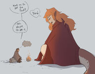 drawing giantess dragoness tail size_difference comic color smiling red_hair outdoors closed_eyes dialogue orange_hair campfire scalie no_background pointed_ears cloak sihagen bonfire monstergirl robed cloaked ong_hair sititng