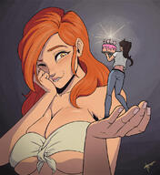 breasts drawing gentle giantess blushing size_difference mega color long_hair handheld cleavage smiling cake red_hair underboob hand palm minigirl party orange_eyes semi_nude orange_hair handled winking no_background looking_at_tiny biting_lip makeshift_clothing zerohour99 skimpy_clothes hand_on_face