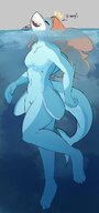 drawing gentle giantess furry macro shark color long_hair barefoot water topless smiling underwater swimming boats outdoors sky closed_eyes necklace orange_hair bare_butt in_water sam bare_legs fins bare_midriff sihagen samuel bare_thighs shark_tooth