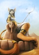 drawing giantess furry macro tail cat color long_hair clothed barefoot desert goddess low_angle egyptian paws egypt dress sitting piercings sand leaning clouds outdoors sky staff stampydragon ankle_bracelet bracelet sphinx paw_pads robes armlet bare_paws ear_piercings jewellery neotheta