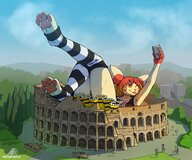 drawing giantess pokemon furry macro city color tongue barefoot skirt buildings smiling paws red_hair lying_down short_hair clouds outdoors sky tourists commission dyed_hair cell_phone raised_legs kneesocks paw_pads monument audience coliseum meister_li selfie plusle photographing blep shorty neotheta
