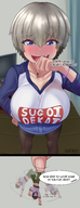 breasts drawing comic color large_breasts blue_eyes clothed playful huge_breasts high_angle smiling short_hair hand shrunken_man teasing dangle indoors grey_hair laugh bracelet dialogue pinch handled looking_at_tiny kentaryu uzaki-chan