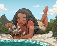breasts drawing giantess mega black_hair color long_hair clothed beach barefoot skirt ocean brown_eyes lying_down hand legs looking_down sand dark_skin clouds outdoors sky disney ships native trees legs_crossed raised_legs handled einom disney_princess moana foot_prints arris